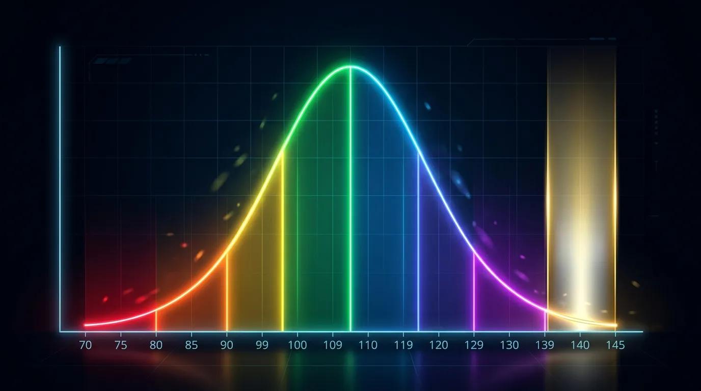 Bell curve distribution diagram showing IQ score tiers from 70 to 145